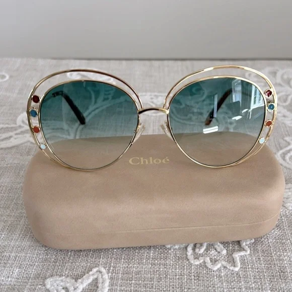 Chloe Gold Frame Sunglasses with Green Lenses - Picture 2 of 10